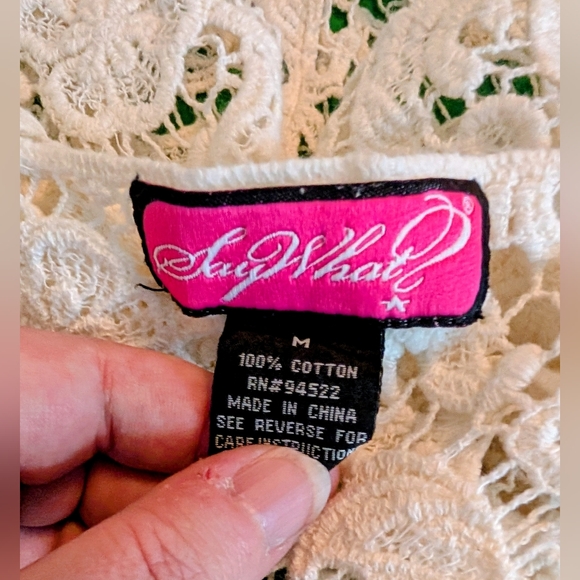 Say What Women’s Ivory Lace Crochet Crop Top Sheer Boho Short Sleeve - Picture 6 of 6